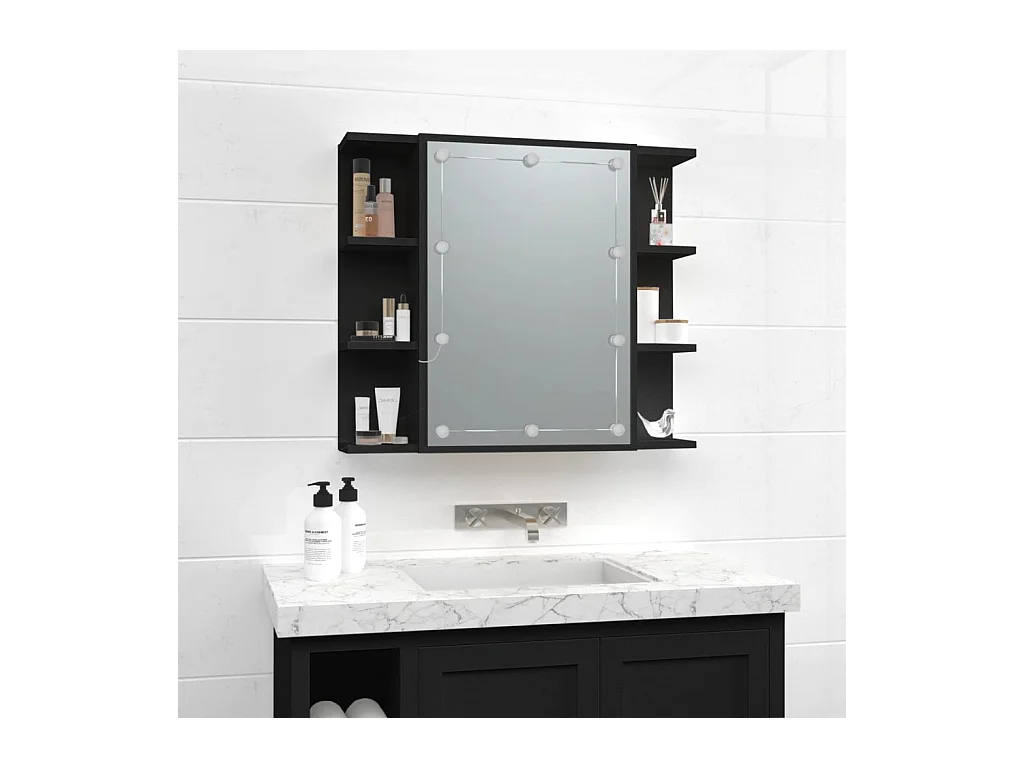 Mobiletto a specchio con LED nero 70x16,5x60 cm