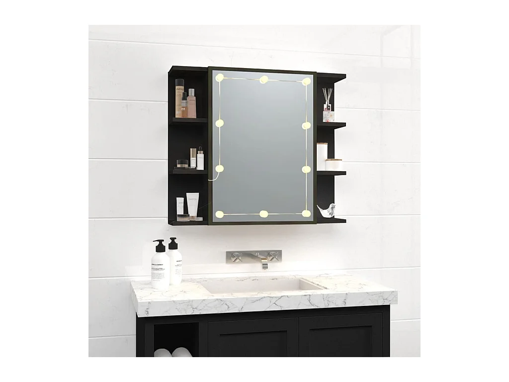 Mobiletto a specchio con LED nero 70x16,5x60 cm