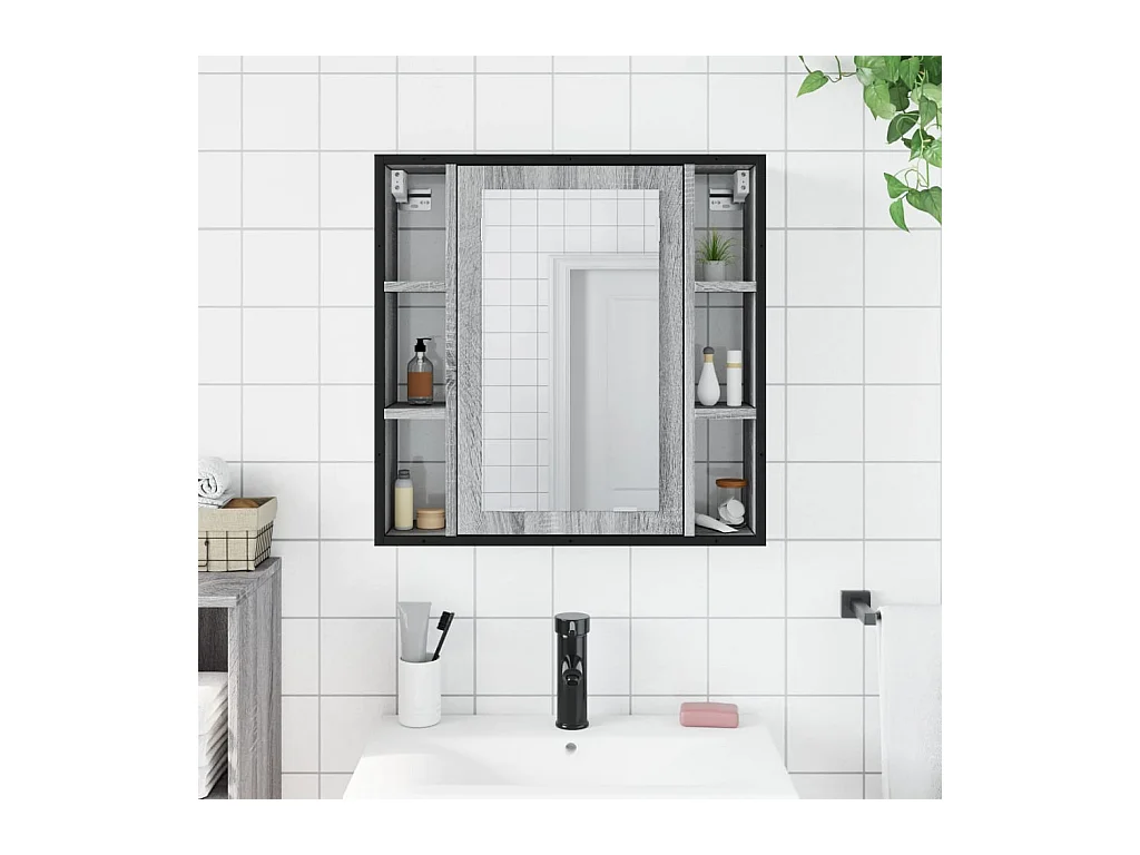 Mobiletto per bagno con specchio in legno ingegnerizzato grigio Sonoma