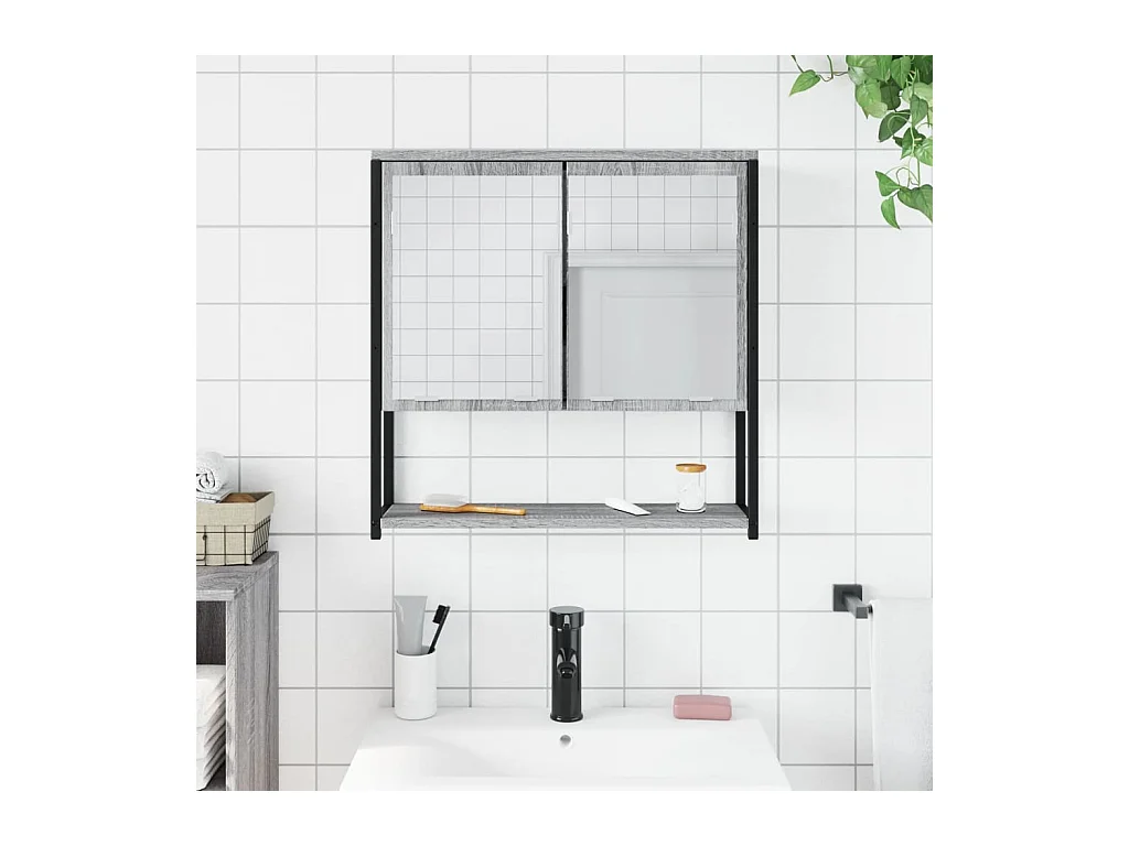 Mobiletto per bagno con specchio in legno ingegnerizzato grigio Sonoma