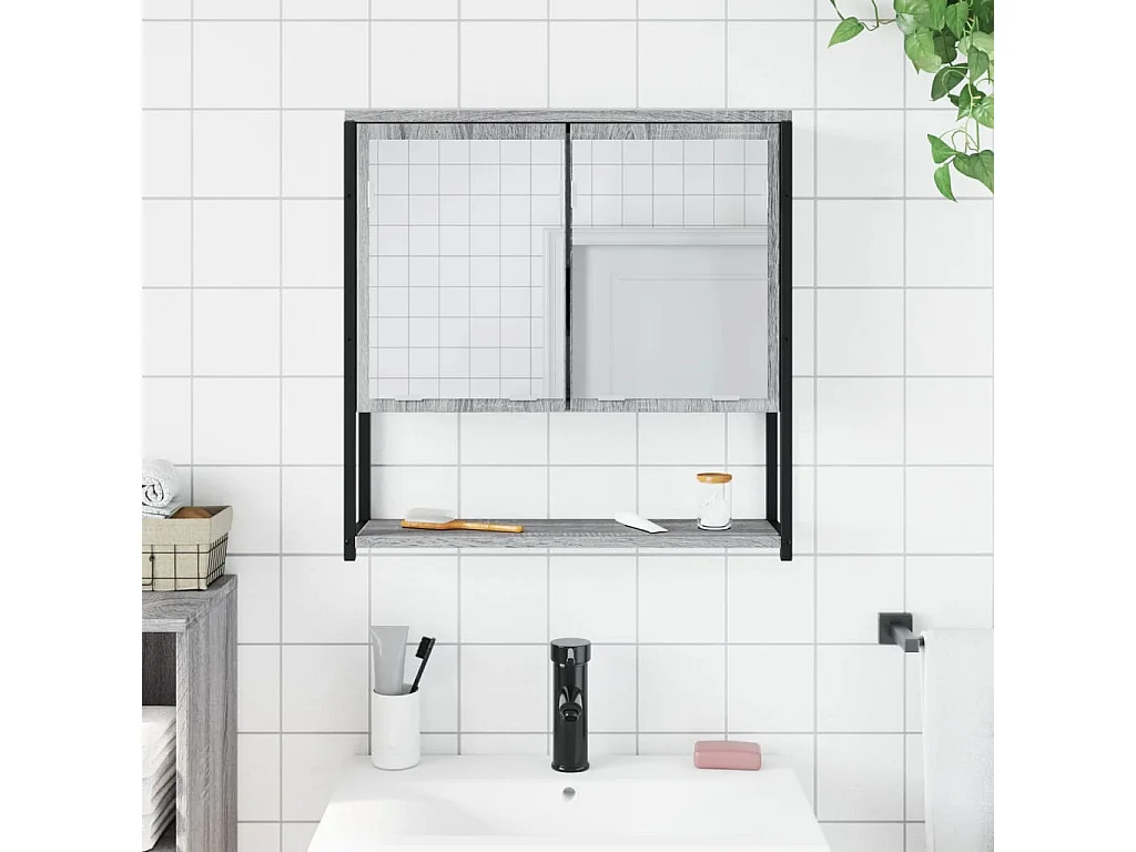 Mobiletto per bagno con specchio in legno ingegnerizzato grigio Sonoma