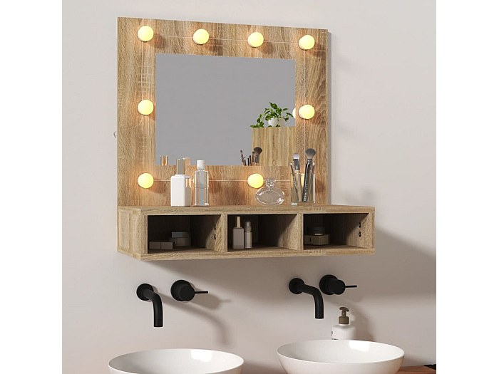Armoire à Miroir Avec LED Blanc Chaud/Froid - 60x31,5x62 Cm, Bois, USB, à Poser Ou à Fixer Au Mur