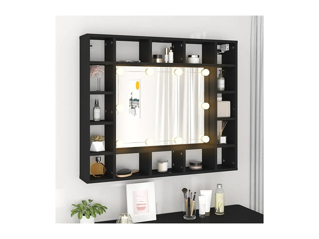 Mobiletto a specchio LED nero 91x15x76,5 cm