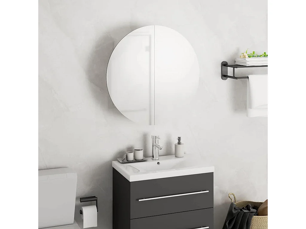 Mobiletto da bagno rotondo con specchio e luci LED, bianco, 40x40x17,5 cm