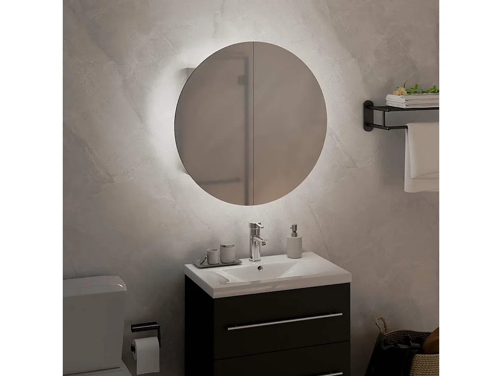 Mobiletto da bagno rotondo con specchio e luci LED, bianco, 40x40x17,5 cm