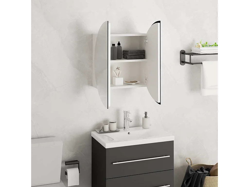 Mobiletto da bagno rotondo con specchio e luci LED, bianco, 40x40x17,5 cm