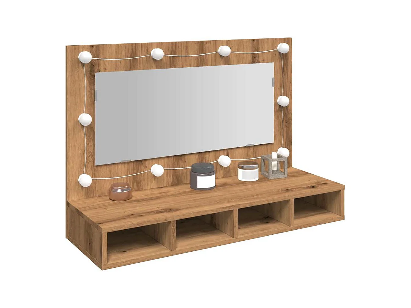 Mobiletto a specchio con LED, rovere lavorato a mano, 90x31,5x62 cm