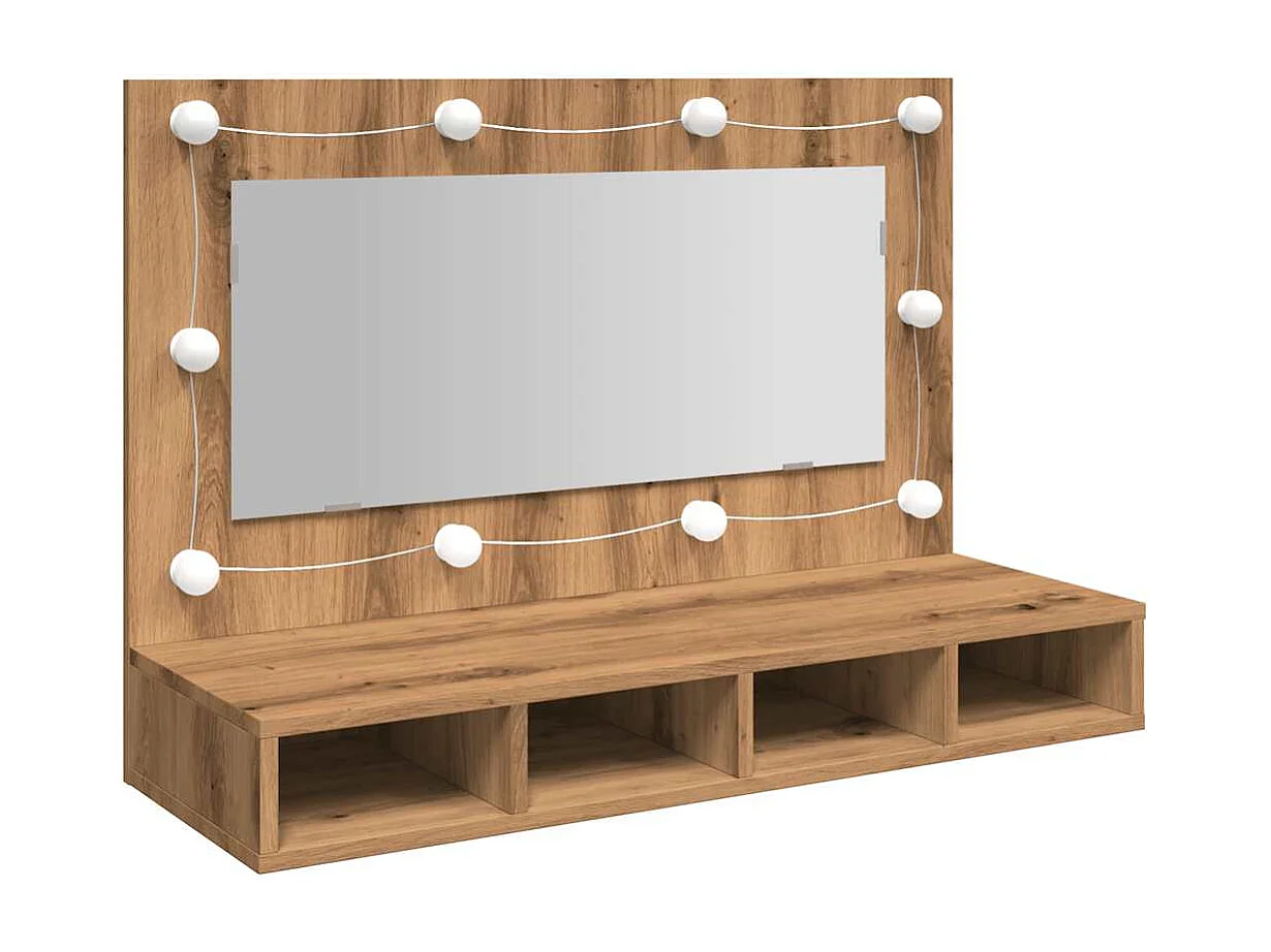 Armario espejo con LED, roble artesanal, 90x31,5x62 cm