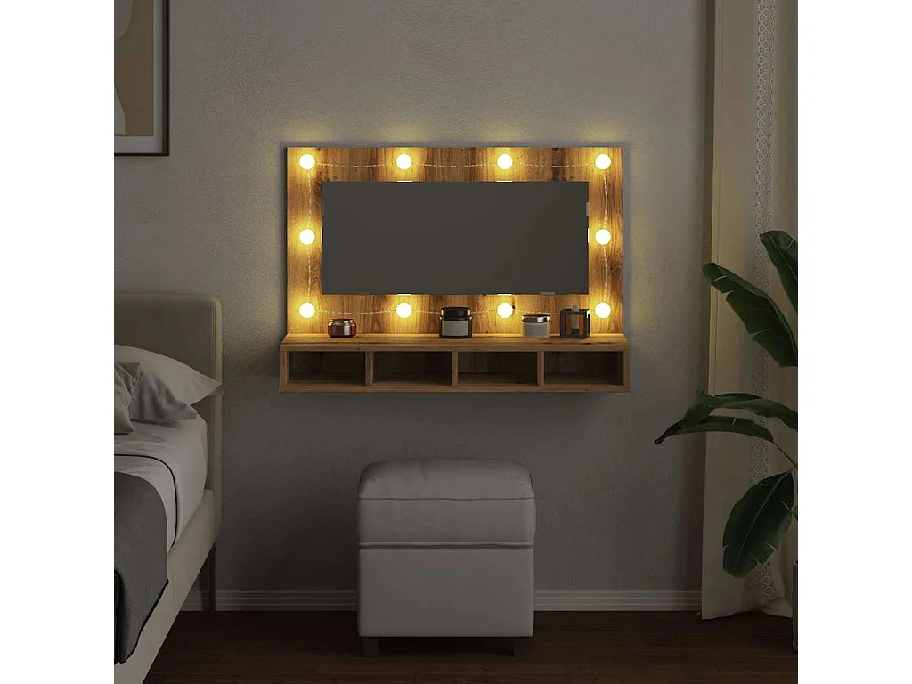 Armario espejo con LED, roble artesanal, 90x31,5x62 cm