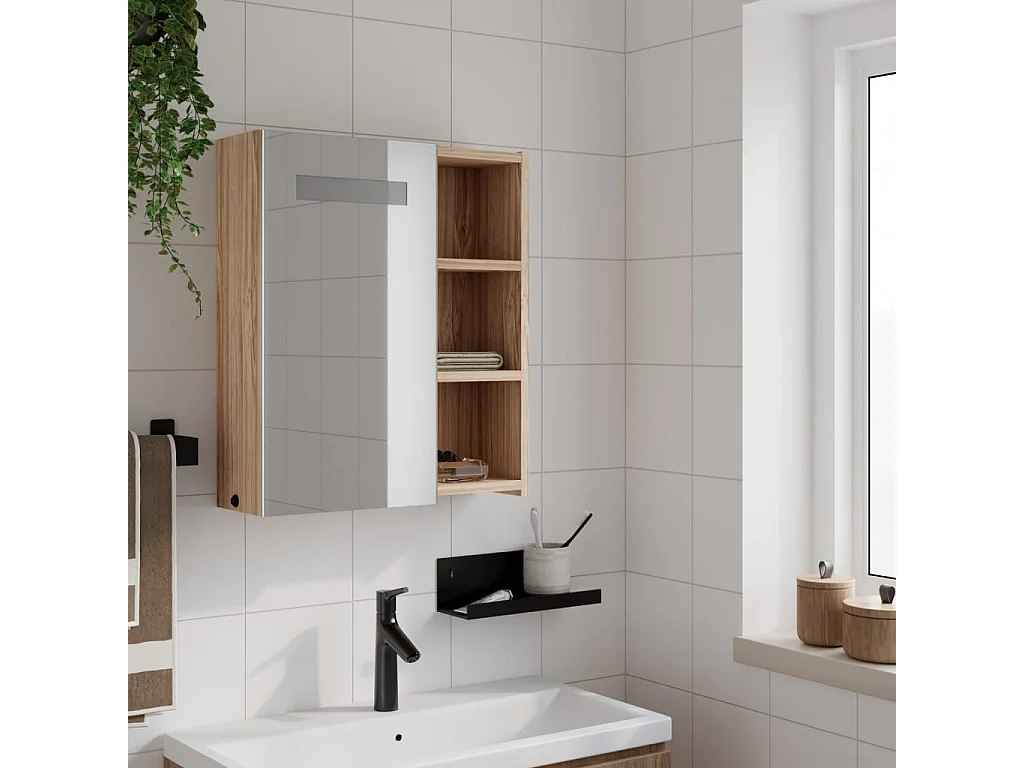 Mobiletto specchio da bagno con LED rovere 45x13x52 cm