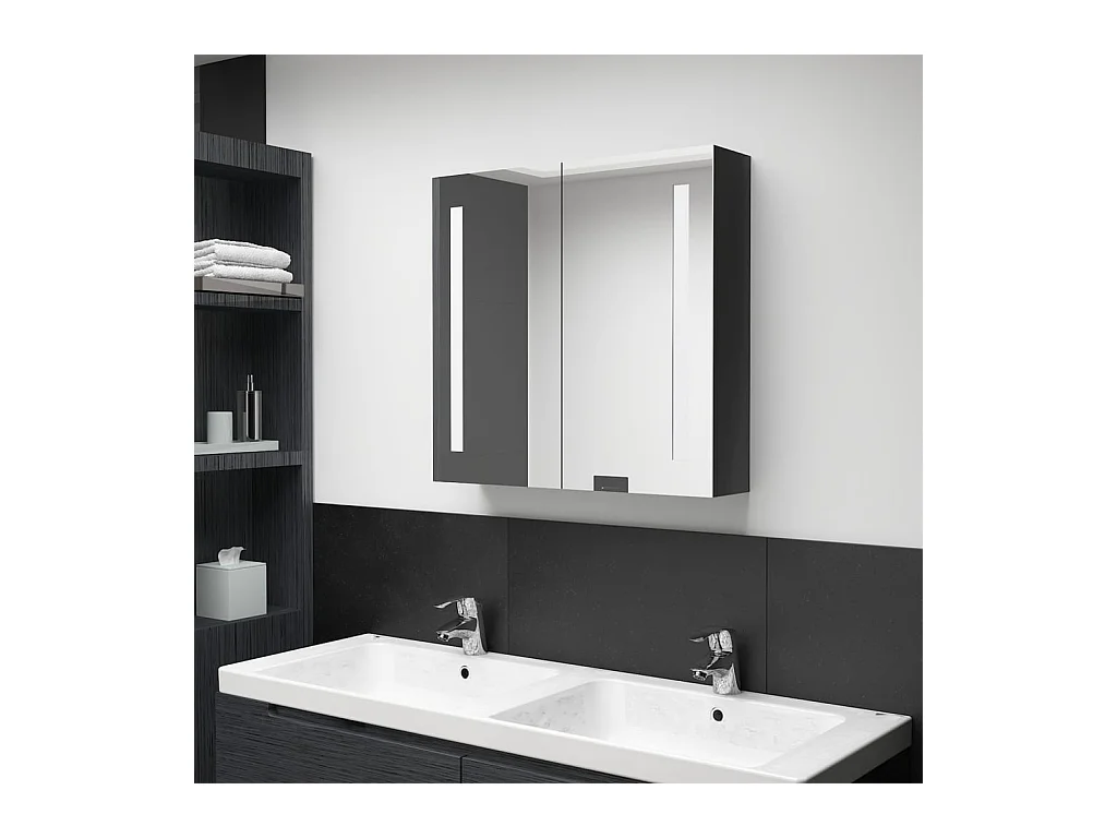 Armoire de salle de bain à miroir LED noir brillant 62x14x60 cm