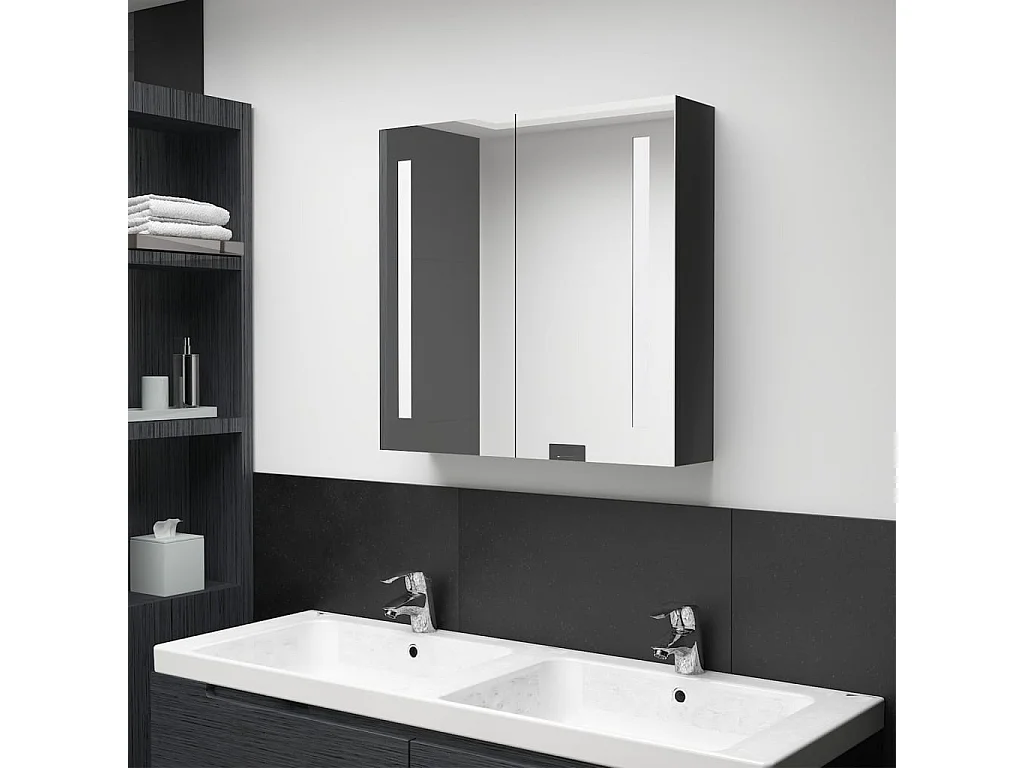 Armoire de salle de bain à miroir LED noir brillant 62x14x60 cm