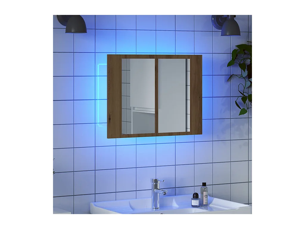Mobiletto con specchio LED in rovere lavorato a mano 60x12x45cm in legno ingegnerizzato