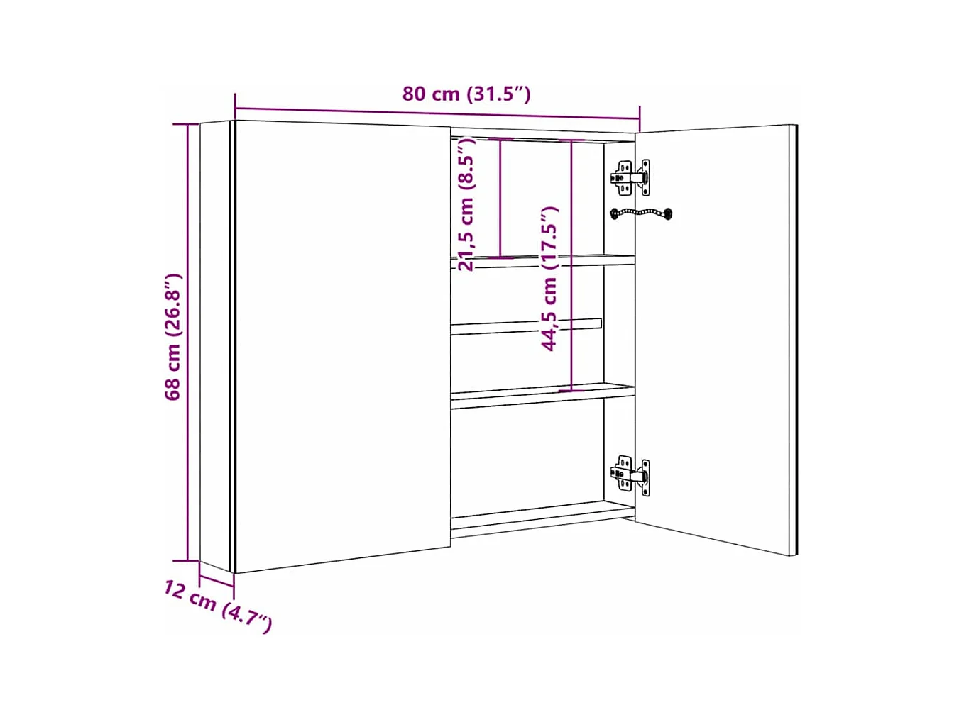Mobiletto da bagno con specchio LED 80x12,2x68 cm