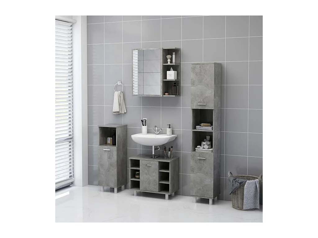 Mobiletto per bagno con specchio in legno ingegnerizzato grigio cemento