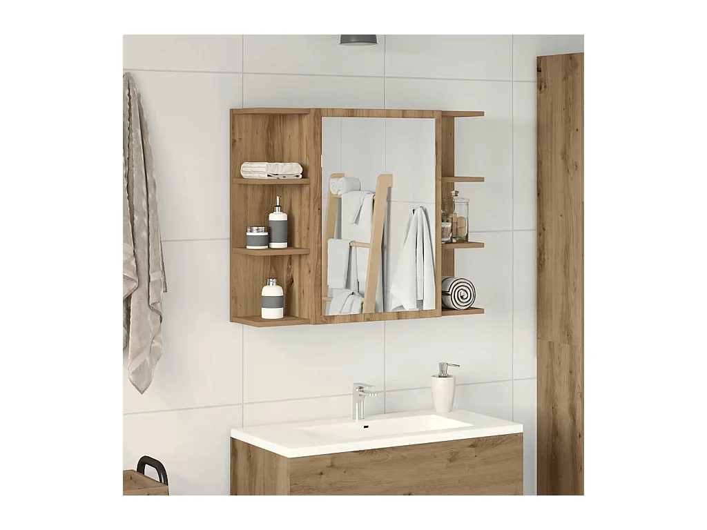 Mueble de baño con espejo fabricado artesanalmente en roble 80x20,5x64 cm