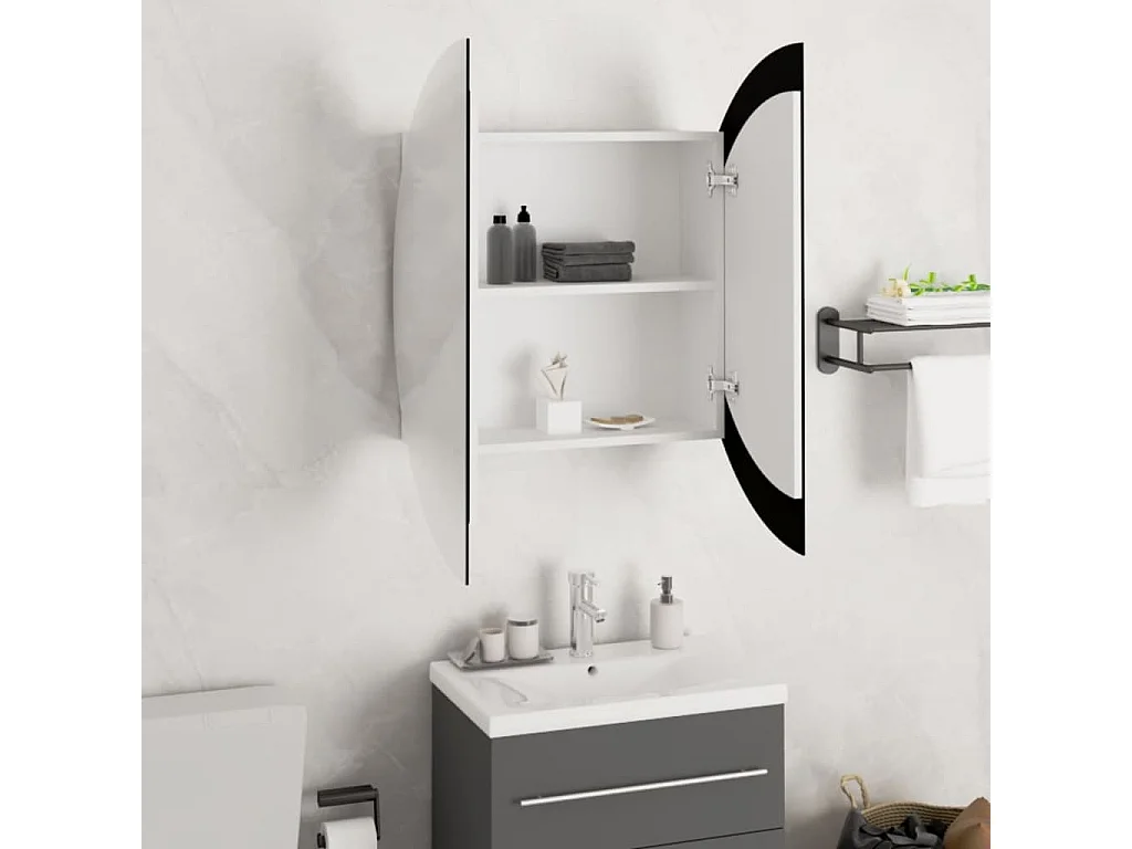 Mobiletto da bagno rotondo con specchio e luci LED, bianco, 54 x 54 x 17,5 cm