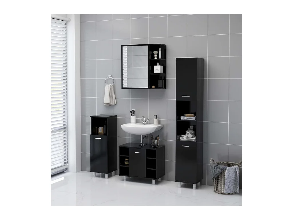 Armoire à miroir de salle de bain Noir Bois d’ingénierie