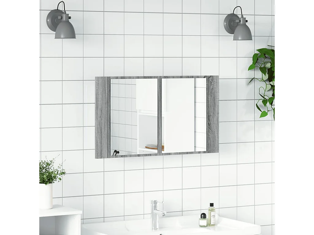 Mobiletto da bagno con specchio LED Sonoma Grey 80x12x45 cm
