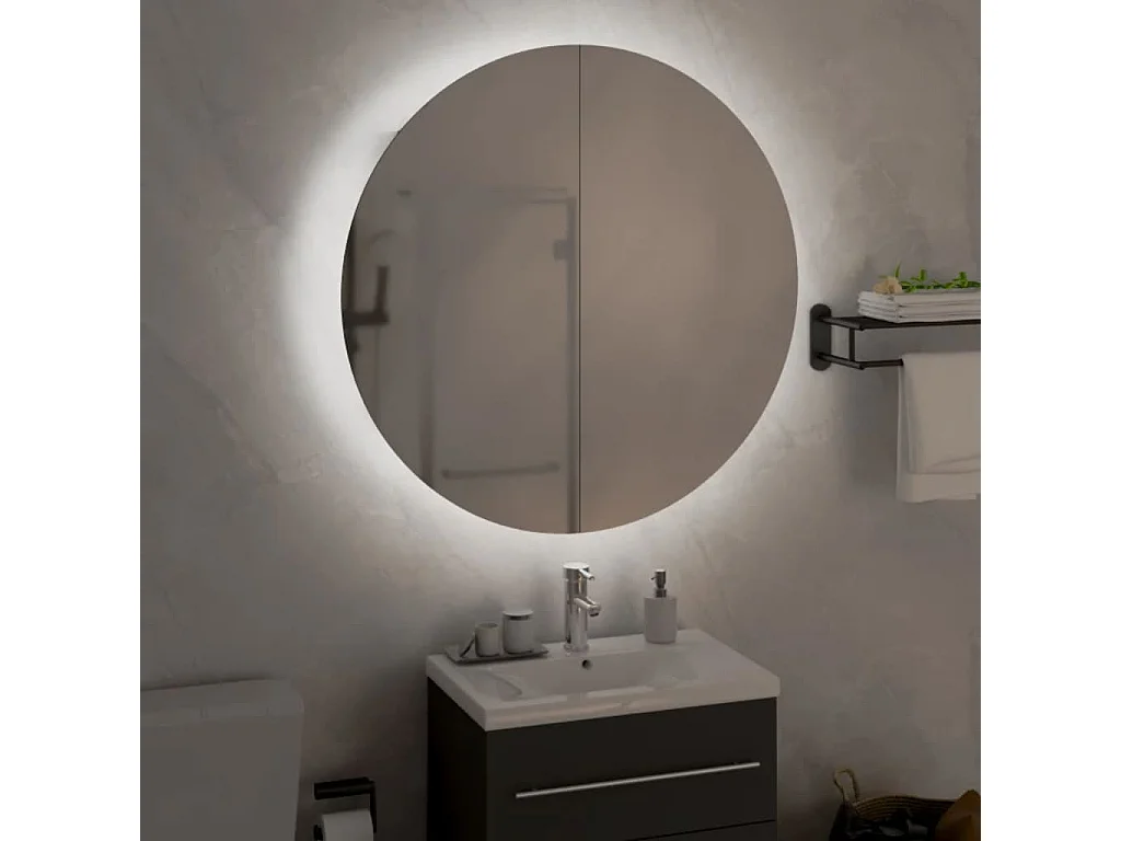 Mueble de baño redondo con espejo y luces LED, negro, 54x54x17,5 cm