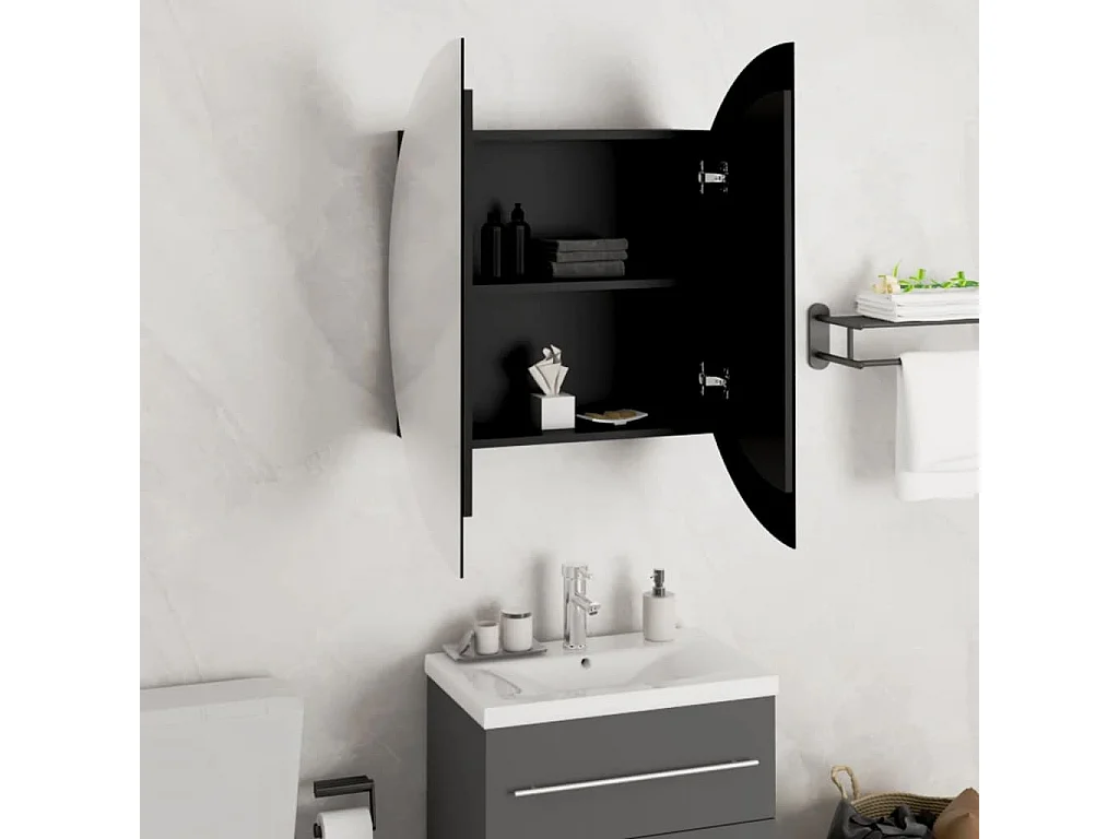 Mueble de baño redondo con espejo y luces LED, negro, 54x54x17,5 cm