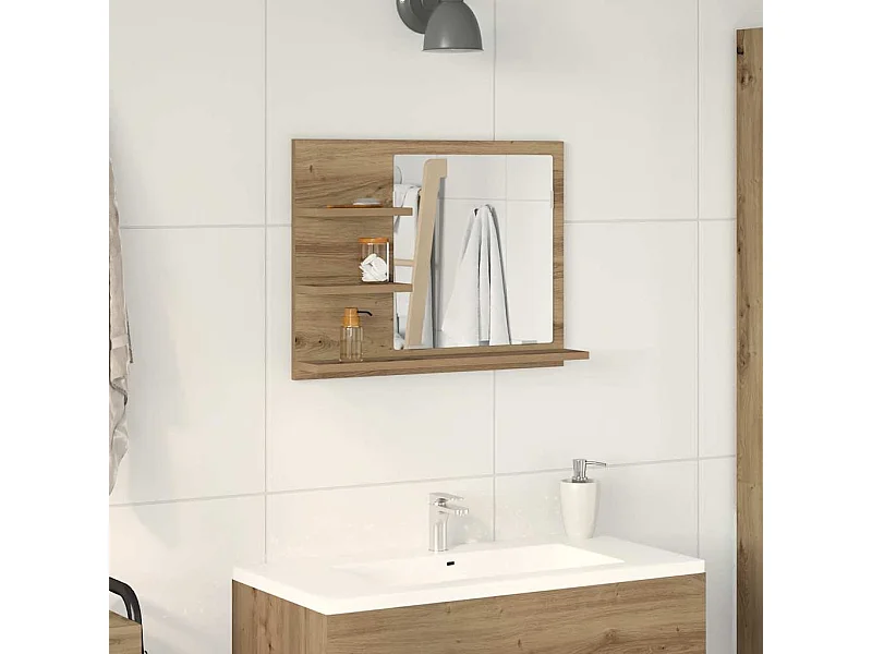 Mobiletto con specchio da bagno, rovere lavorato a mano, 60x10,5x45 cm
