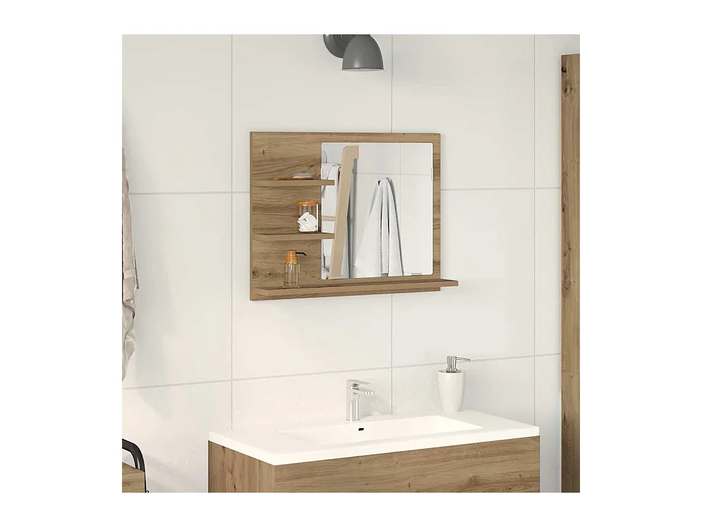Mobiletto con specchio da bagno, rovere lavorato a mano, 60x10,5x45 cm