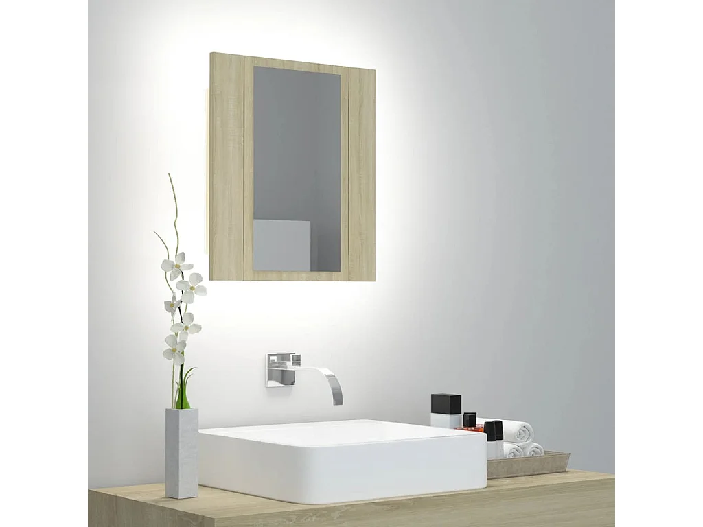 Mobiletto bagno con specchio LED in rovere Sonoma 40x12x45 cm in acrilico