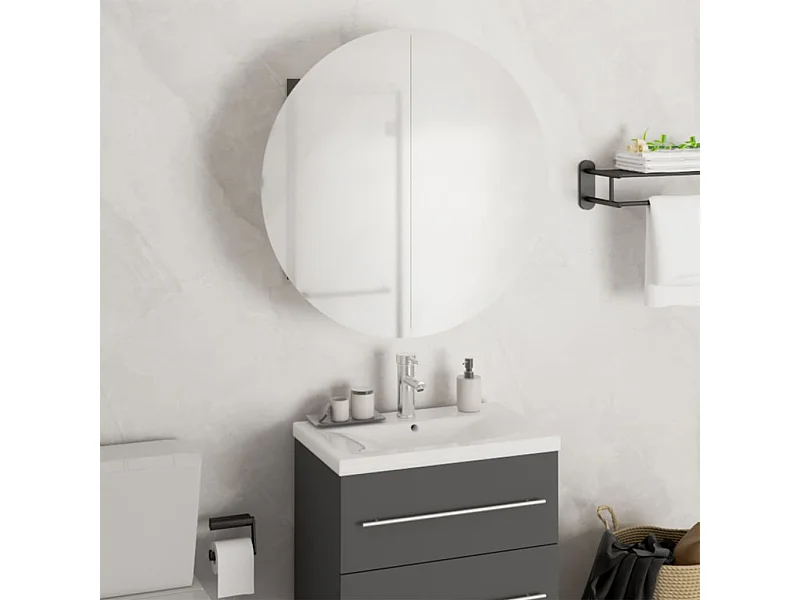 Mobiletto da bagno rotondo con specchio e luci LED, Grigio, 47x47x17,5 cm