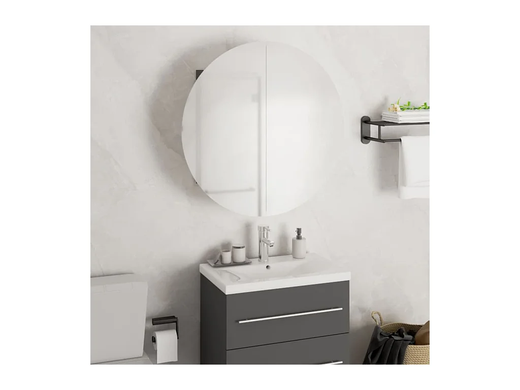 Mobiletto da bagno rotondo con specchio e luci LED, Grigio, 47x47x17,5 cm