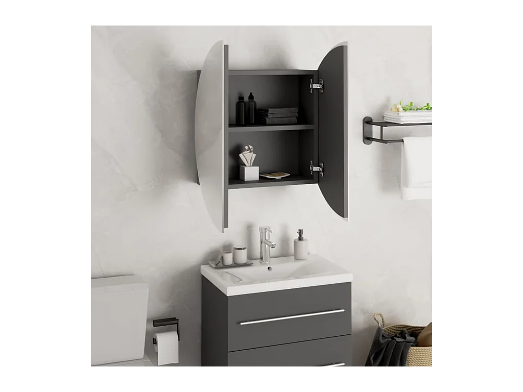 Mobiletto da bagno rotondo con specchio e luci LED, Grigio, 47x47x17,5 cm