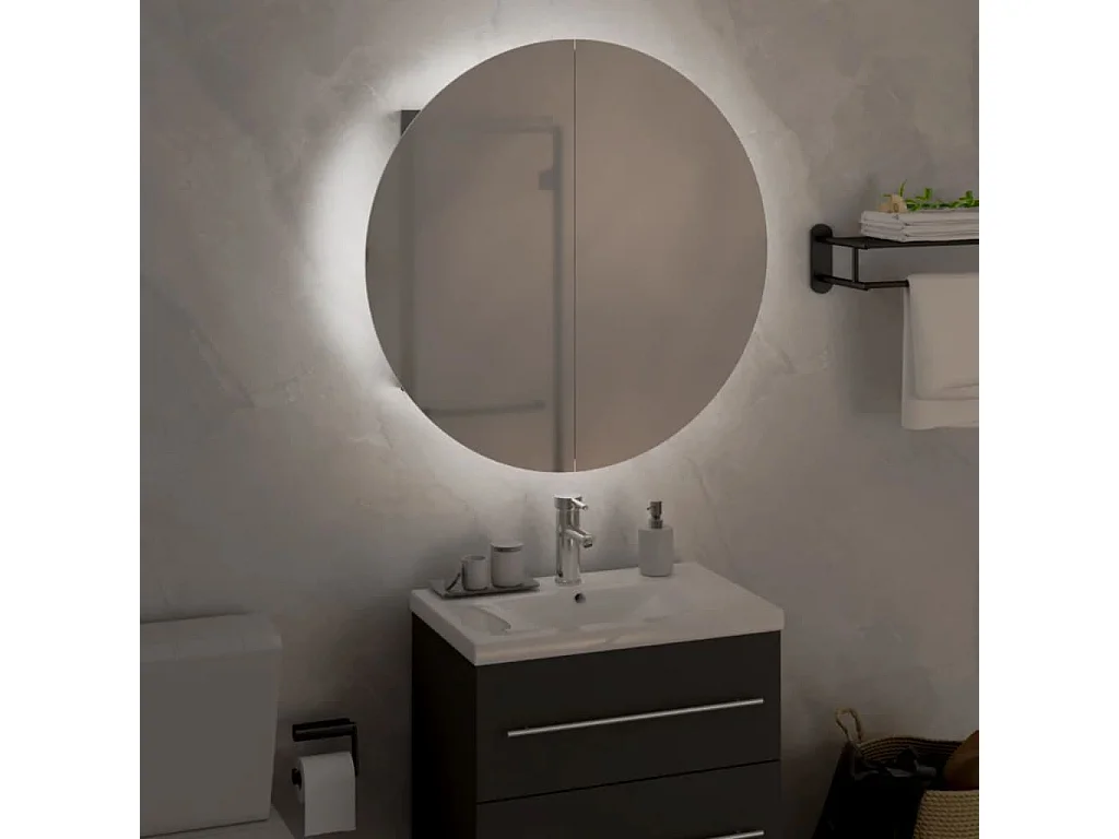 Mobiletto da bagno rotondo con specchio e luci LED, Grigio, 47x47x17,5 cm