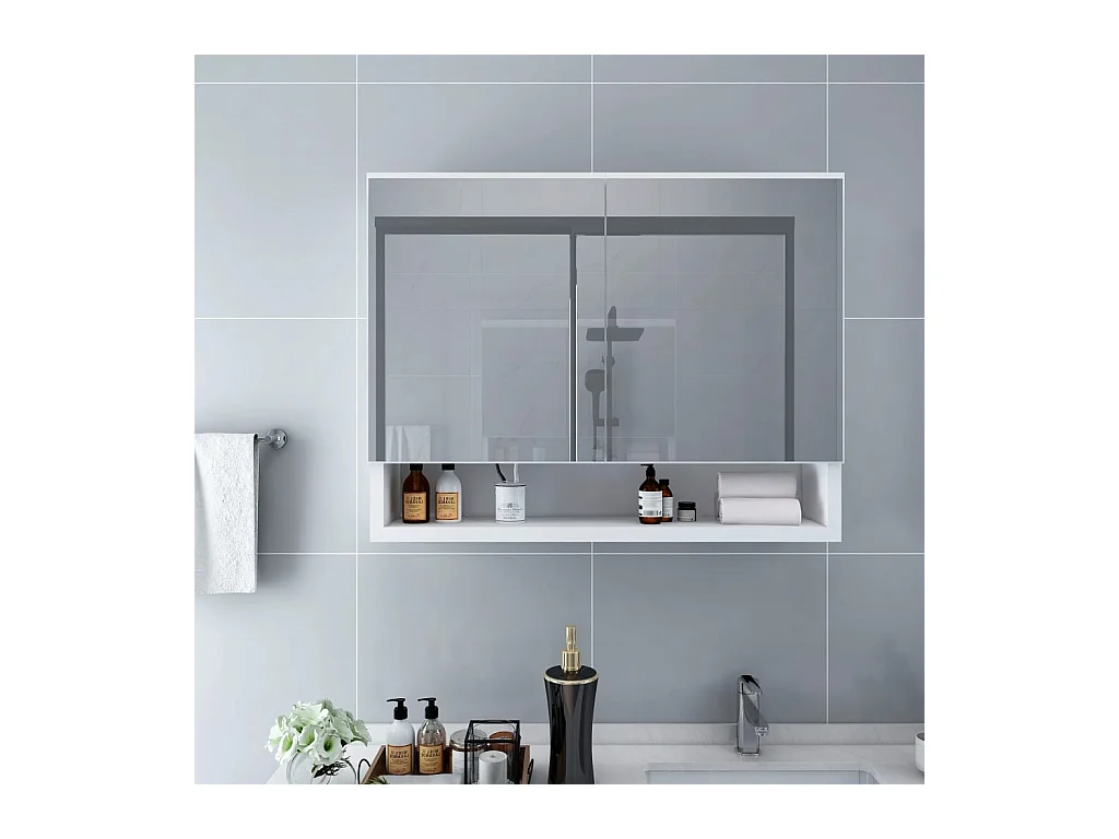 Mobiletto per bagno con specchio LED bianco 80x15x60 cm MDF