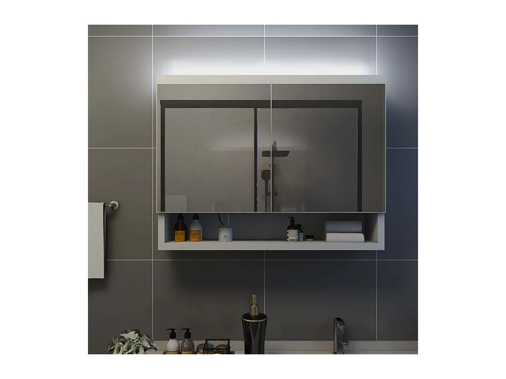 Mobiletto per bagno con specchio LED bianco 80x15x60 cm MDF