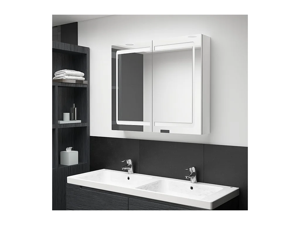 Armoire de salle de bain à miroir LED Blanc brillant 80x12x68cm