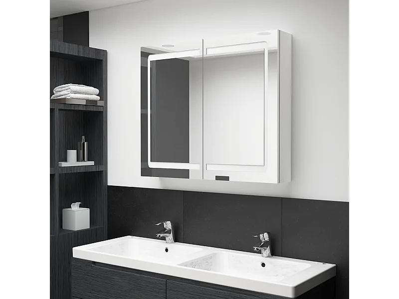 Armoire de salle de bain à miroir LED Blanc brillant 80x12x68cm