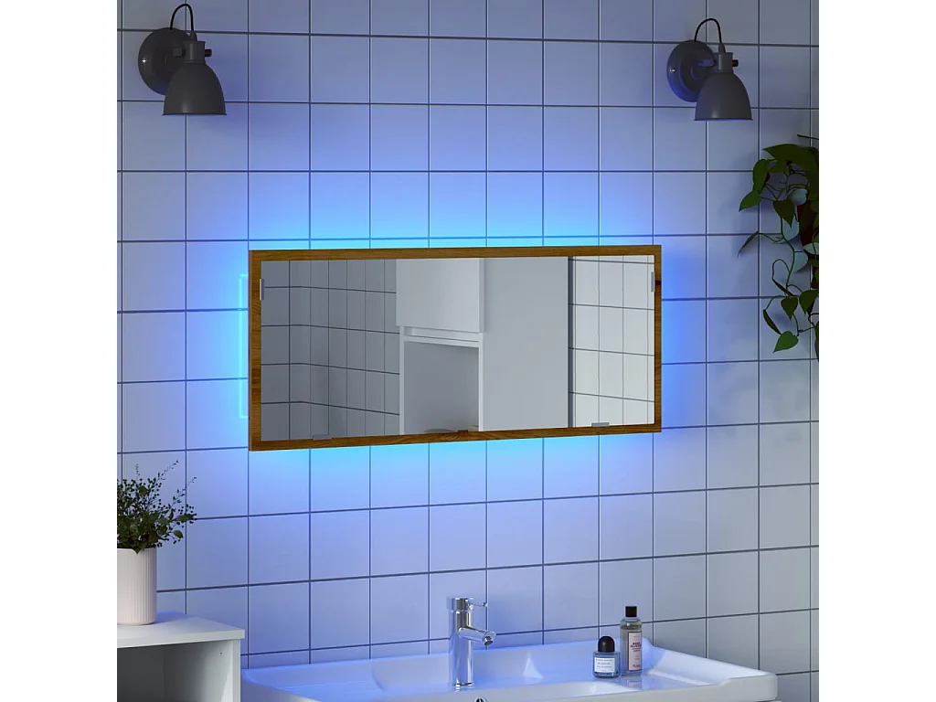 Specchio da bagno a LED in rovere lavorato a mano, in legno ingegnerizzato