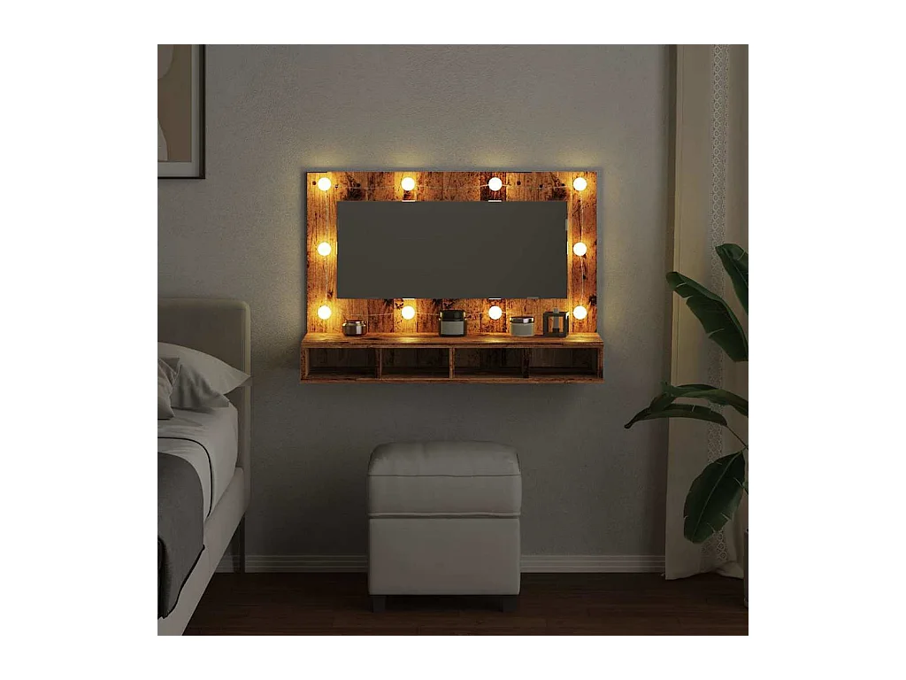 Armario espejo con LED madera vieja 90x31,5x62 cm