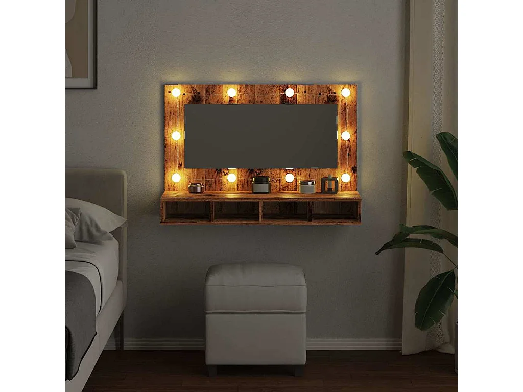 Mobiletto a specchio con LED legno vecchio 90x31,5x62 cm