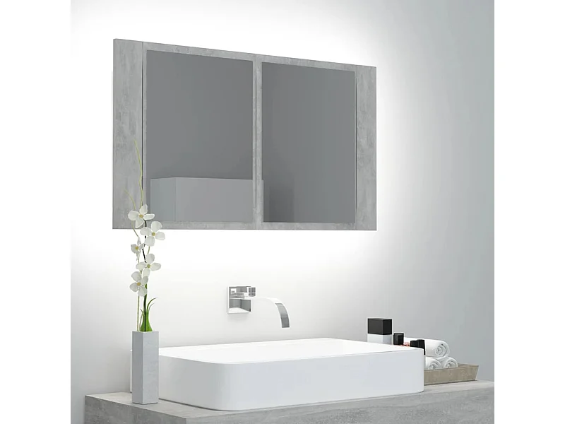 Mobiletto da bagno con specchio LED in acrilico grigio cemento