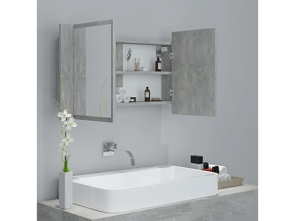 Mobiletto da bagno con specchio LED in acrilico grigio cemento