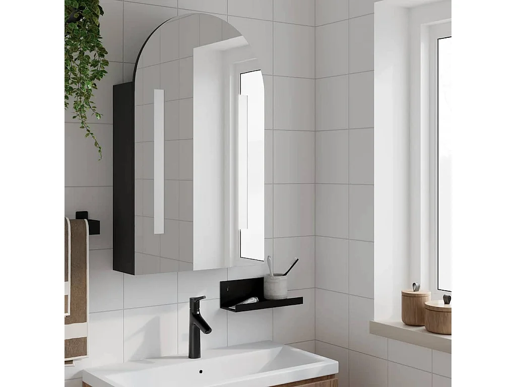 Mueble de baño con espejo y LED arqueado negro 42x13x70 cm