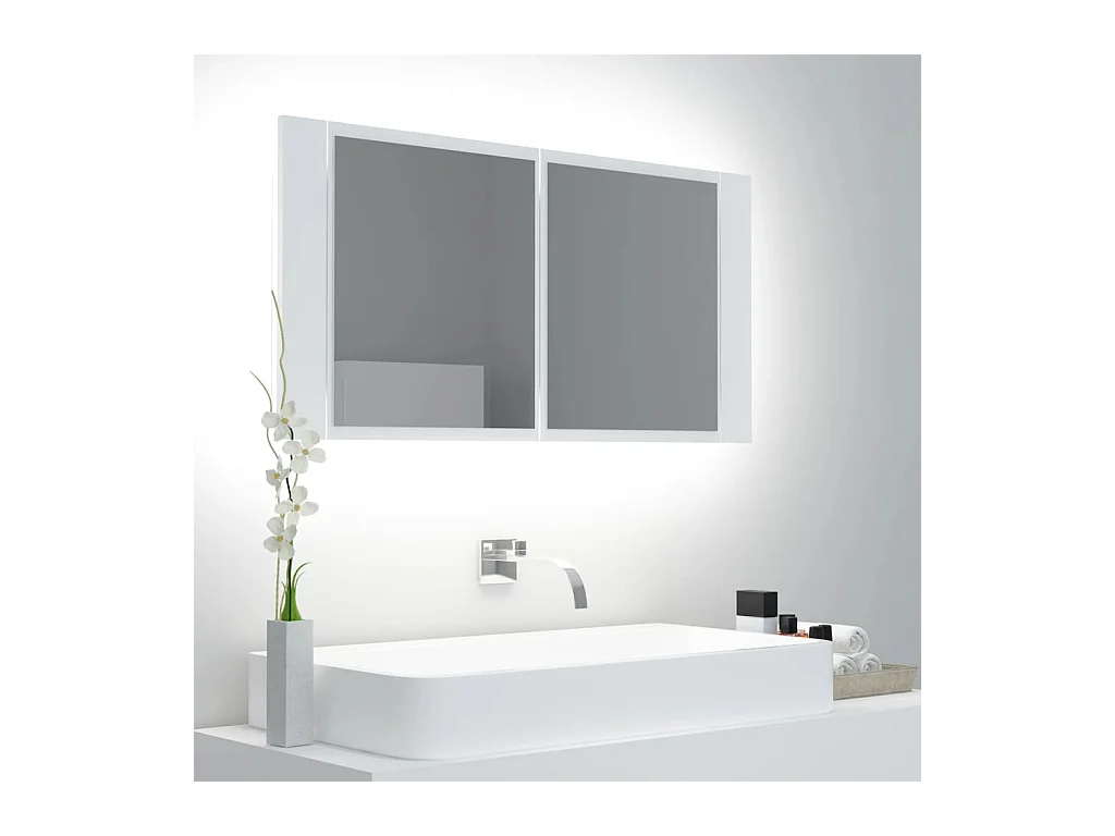 Mobiletto da bagno con specchio LED bianco 90x12x45 cm in acrilico