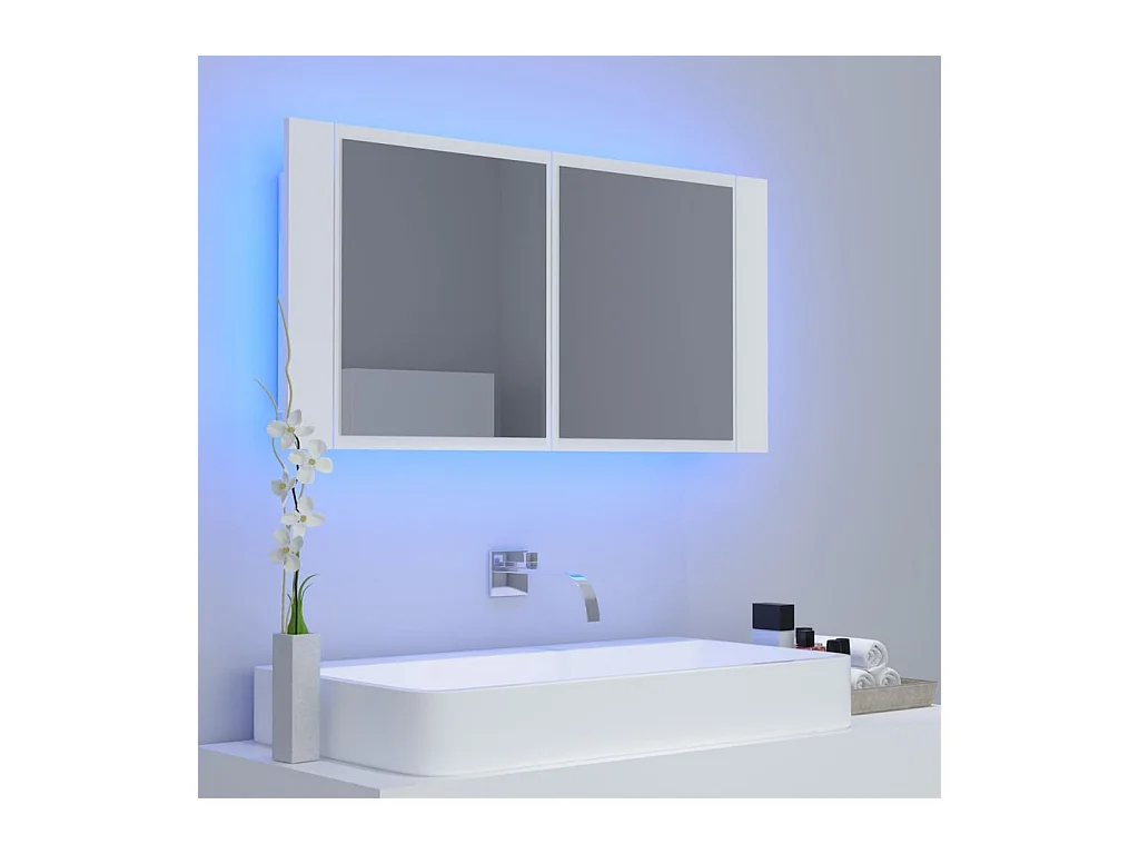 Mobiletto da bagno con specchio LED bianco 90x12x45 cm in acrilico