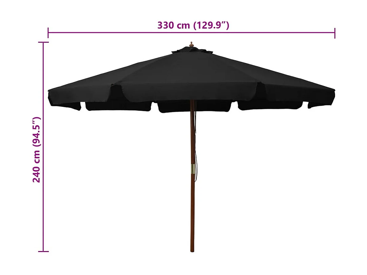 Parasol d'extérieur avec mât en bois 330 cm Noir