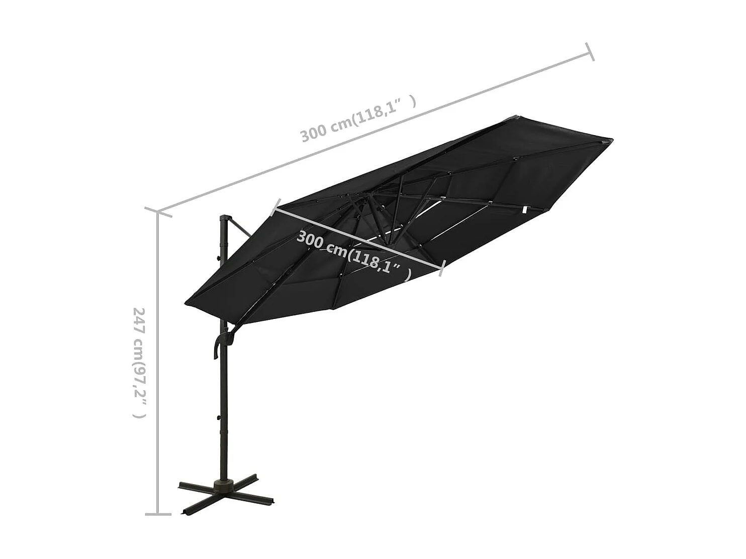 Parasol de jardin à 4 niveaux avec mât en aluminium noir 3x3 m