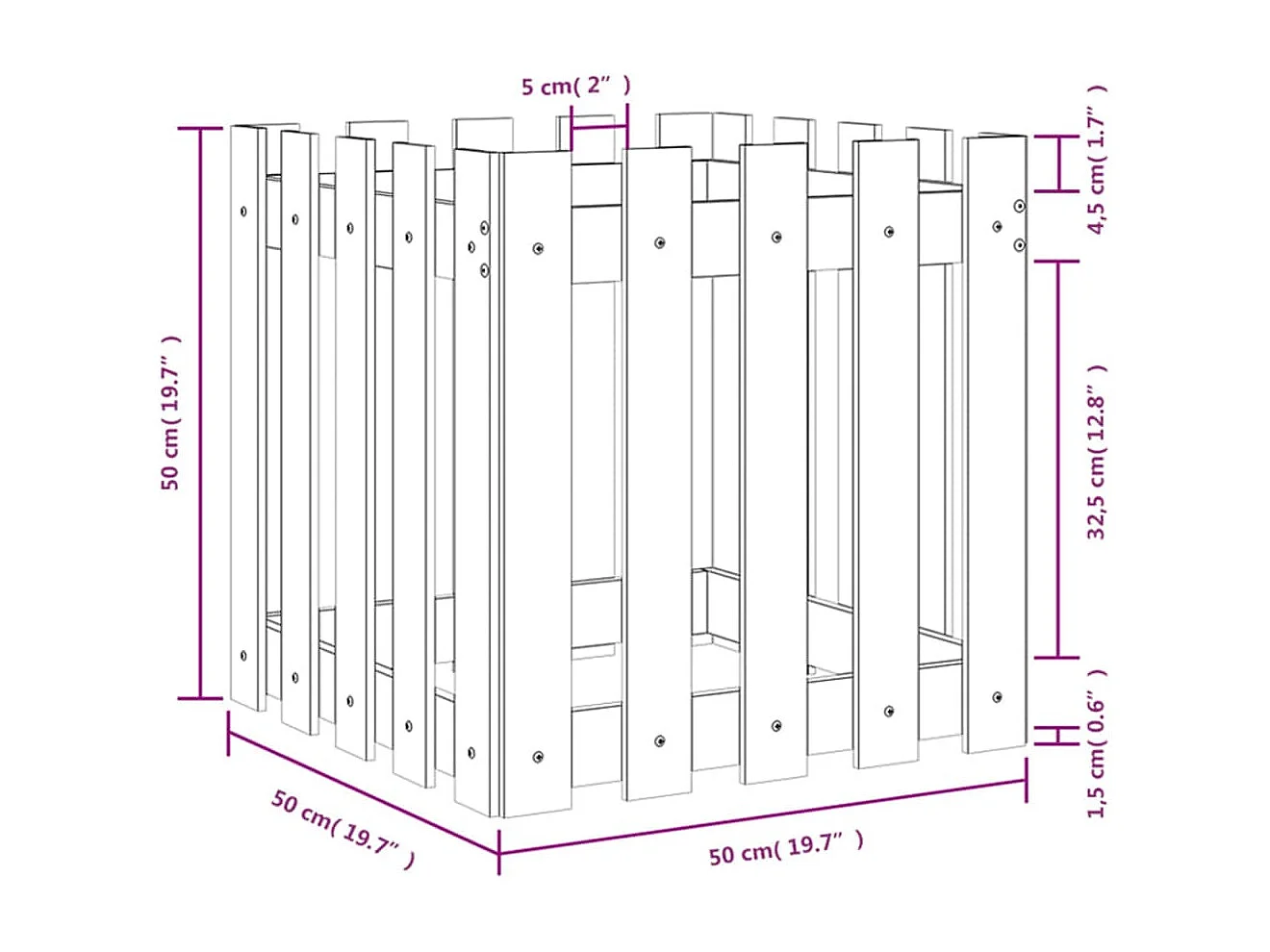 Jardinière avec design de clôture 50x50x50 cm pin imprégné