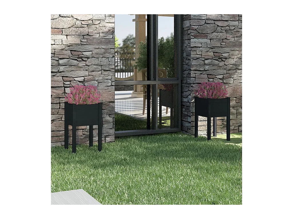 2 stuks buitenplantenbakken zwart 40x40x70cm massief grenenhout