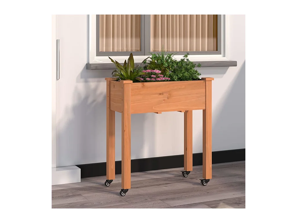Fioriera su ruote con rivestimento marrone 71x37x80 cm in legno di abete