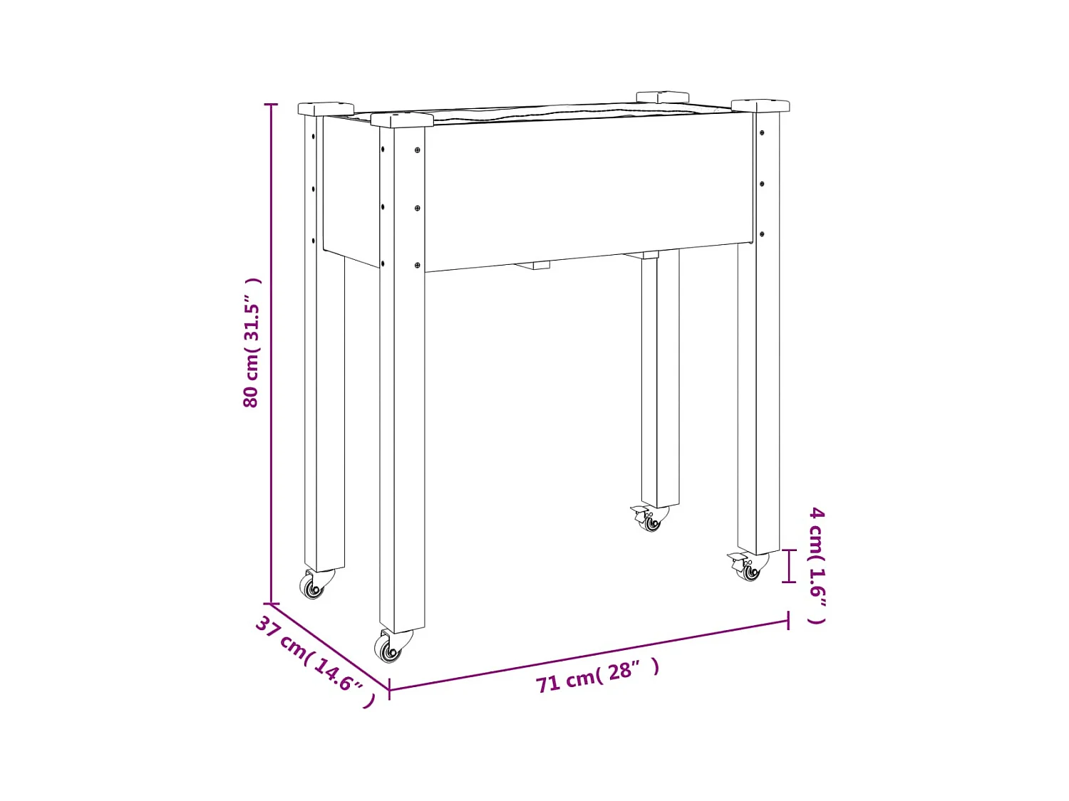 Fioriera su ruote con rivestimento marrone 71x37x80 cm in legno di abete